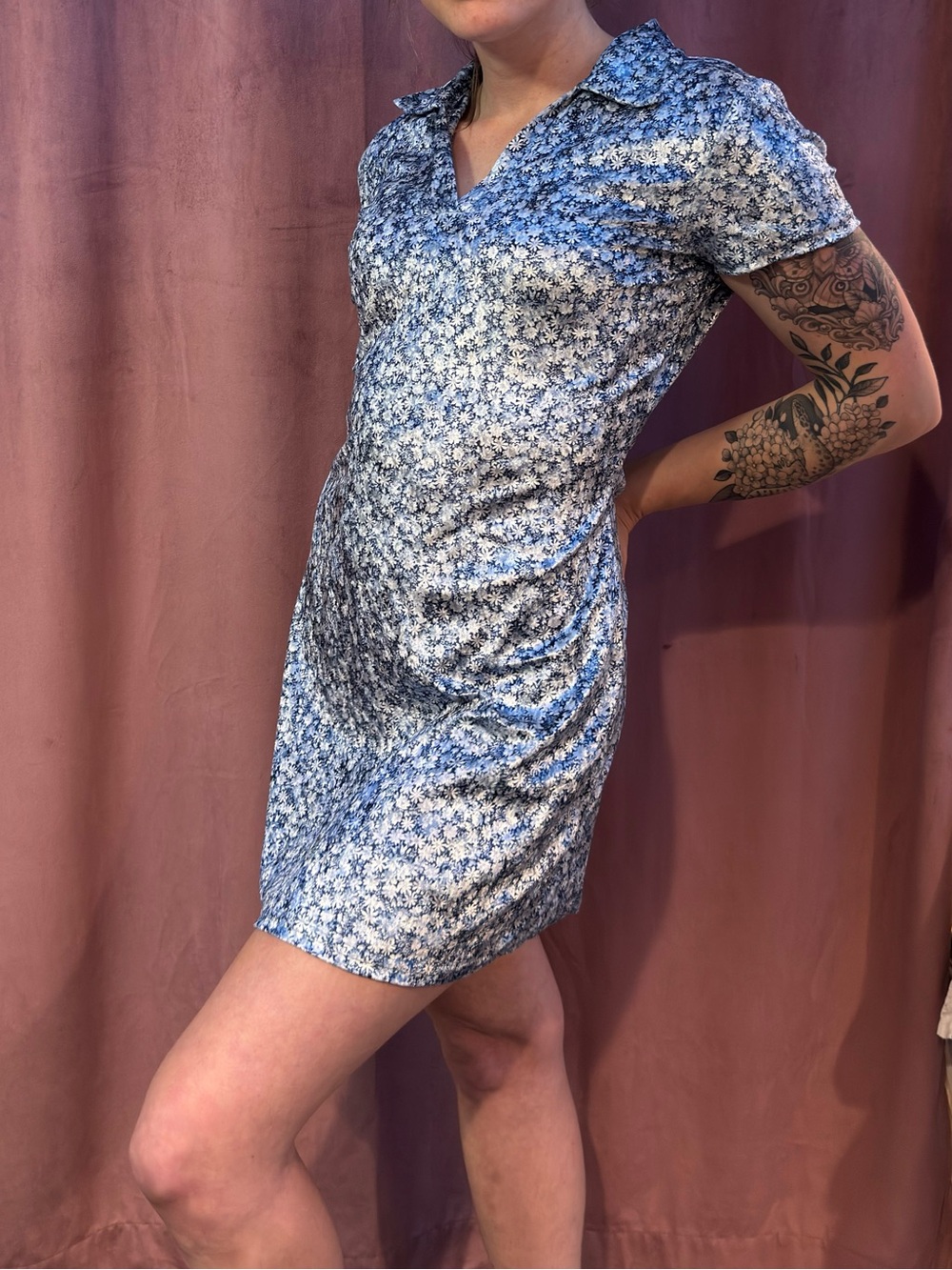 Vintage 90s 579 Blue Velvet Daisy Floral Mini Dress Made in USA XS